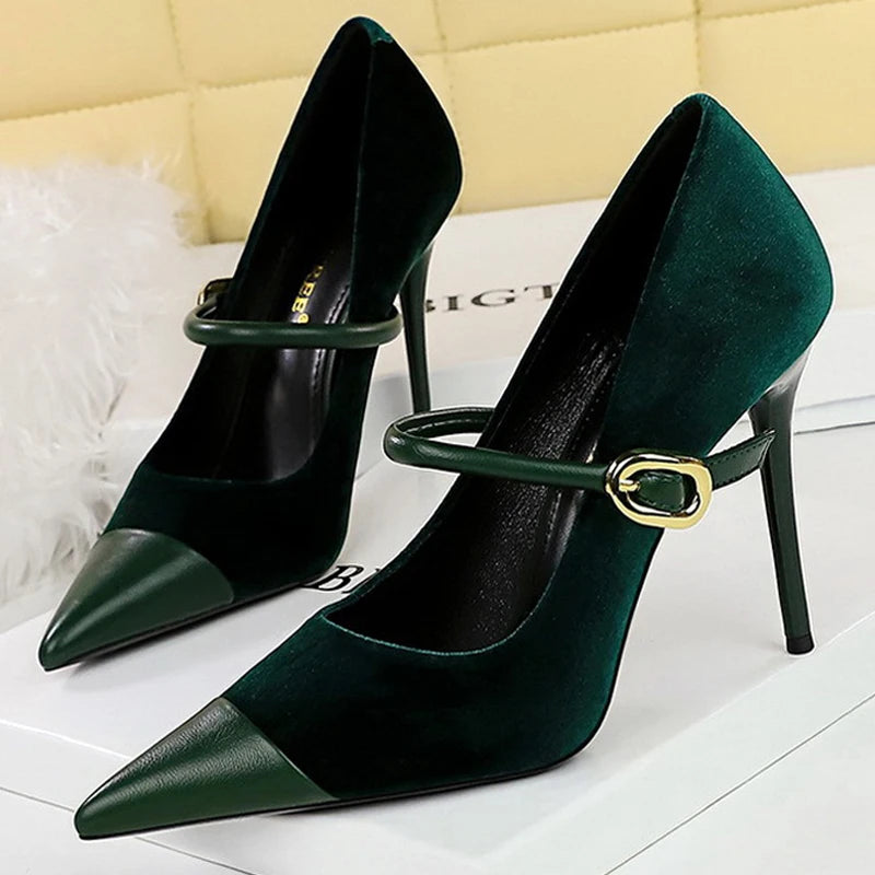 BIGTREE Shoes New Buckle Design Women Pumps Pointed Shoes High Heels Suede Stilettos Heels 7cm 10cm Ladies Shoes Large Size 43
