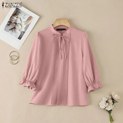 ZANZEA Women's Elegant 3/4 Puff Sleeve Blouses Summer Lace-Up Stand Collar Pintuck Tops Daily Casual Solid Color Blusas de Mujer