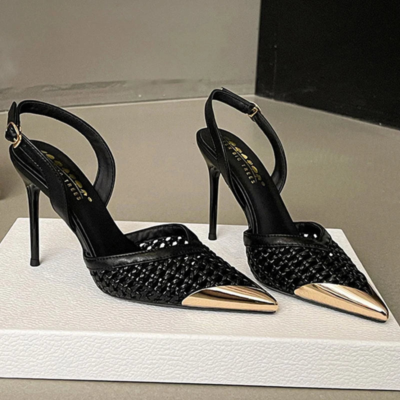 BIGTREE Fashion Hollow Woven Slim Heel Sandals Women Shoes Summer Advanced Metal Pointed High Heels Women Pumps Stiletto 8.5 cm