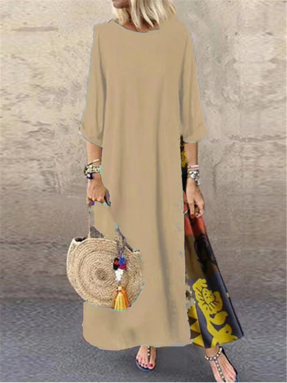 Women Vintage Harajuku Long Dress Bohemian Stitching Print 3/4 Sleeve O Neck Loose Oversized Maxi Dress Casual Elegant Robe