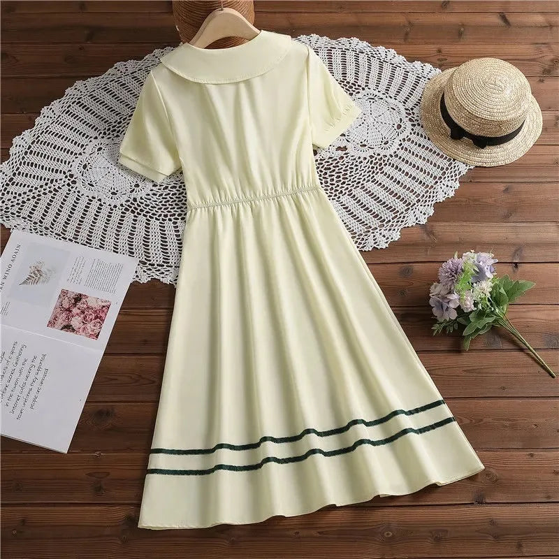 2026 Summer Peter Pan Collar Kids Girls A-LINE Short Sleeve Princess Teenager Bow Striped Dresses JK Student 4 8 9 10 12 14 Year