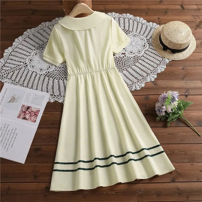 2026 Summer Peter Pan Collar Kids Girls A-LINE Short Sleeve Princess Teenager Bow Striped Dresses JK Student 4 8 9 10 12 14 Year
