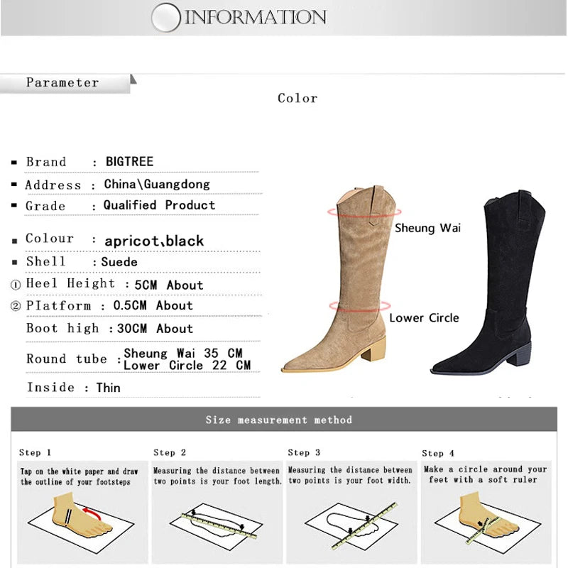 BIGTREE Shoes Women Knee-High Boots Autumn Winter Shoes High Boots Suede Middle Heel Pointed Tip Women Boots Botas Para Mujer