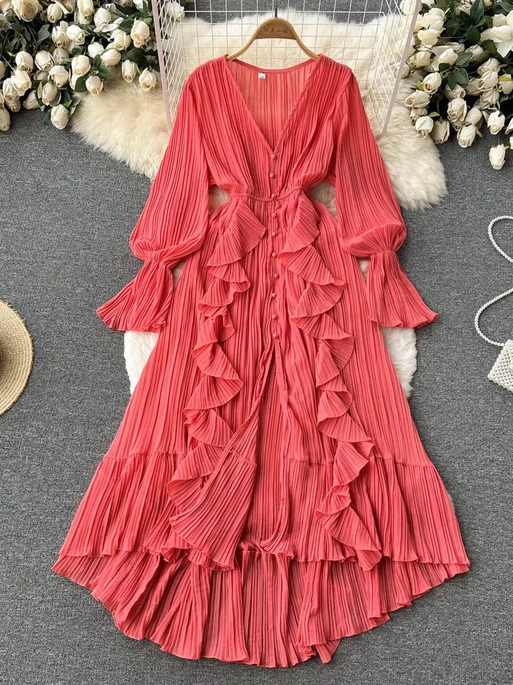 Beach Chiffon Dress Women Elegant  Lotus Leaf Lace V-Neck Pleated Long Dresses Ladies Single Breasted A-line Vintage Long Robe