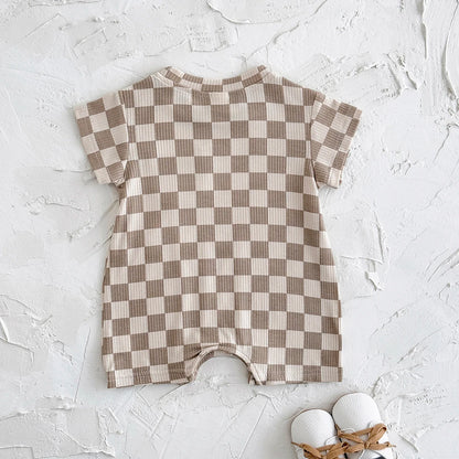 Summer Hot Newborn Baby Girl Clothes Summer Romper Sleeved Home Clothing Jumpsuit Chessboard pattern Toddler Bodysuit