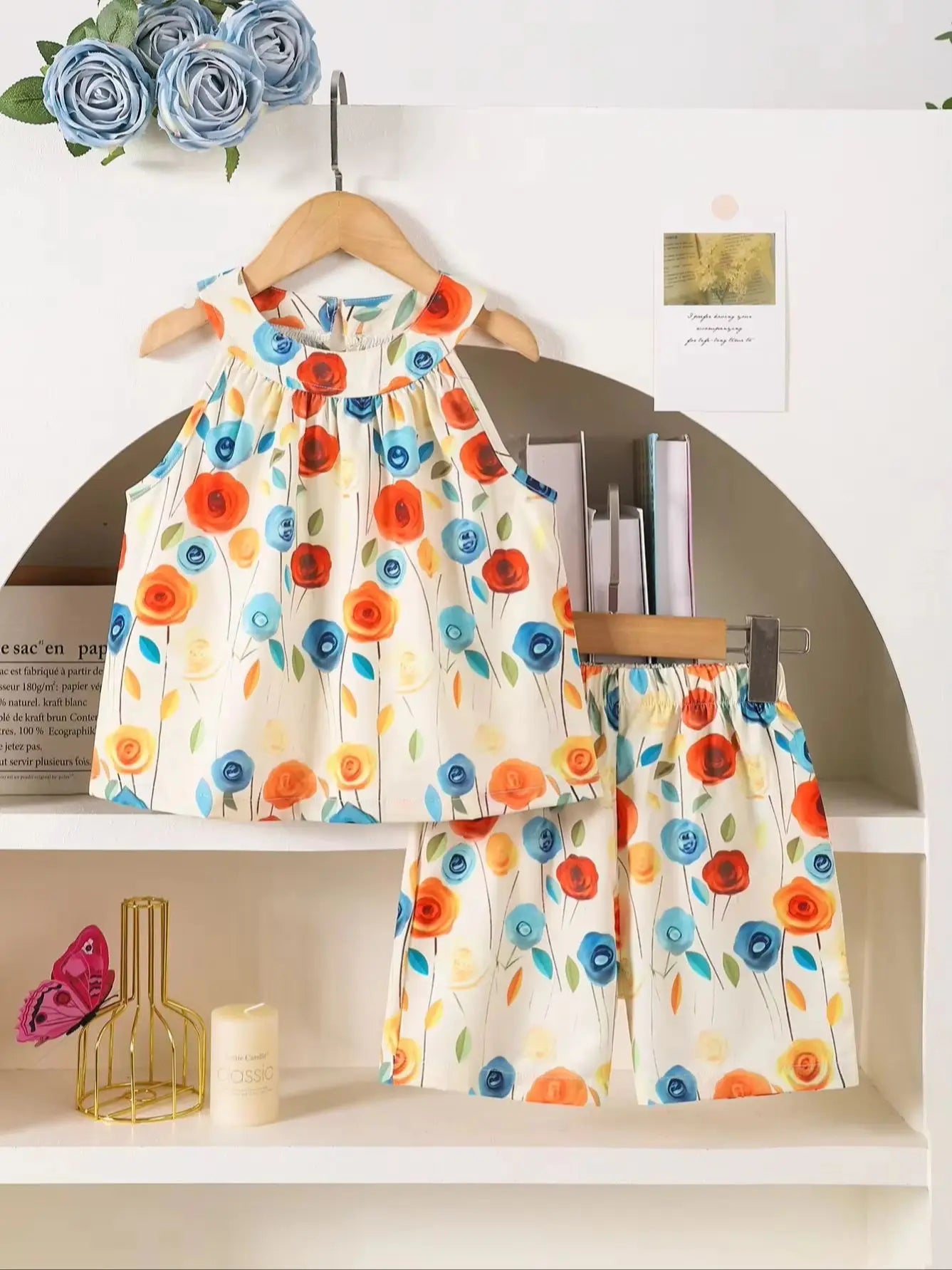 Girls' Summer Casual Print Two-Piece Set Hanging Neck Top And Shorts Outfit for Kids