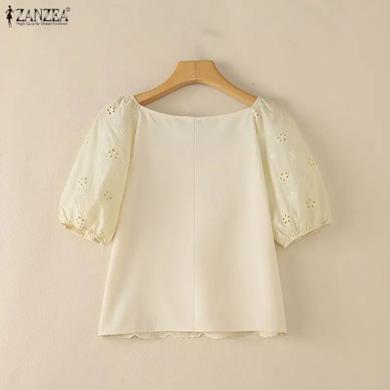 ZANZEA Women Summer Cotton Blouse Elegant Square Neck Puff Half Sleeve Casual Tops Streetwear Blusas OL Work Party Tunic