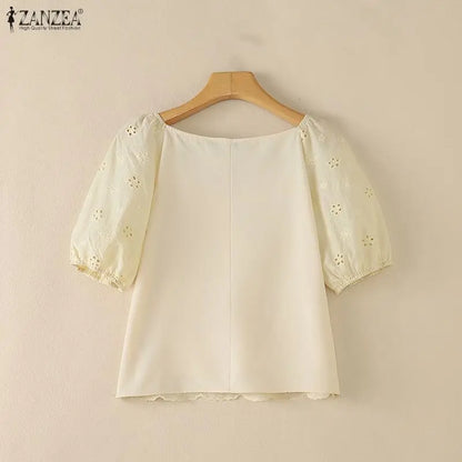 ZANZEA Women Summer Cotton Blouse Elegant Square Neck Puff Half Sleeve Casual Tops Streetwear Blusas OL Work Party Tunic