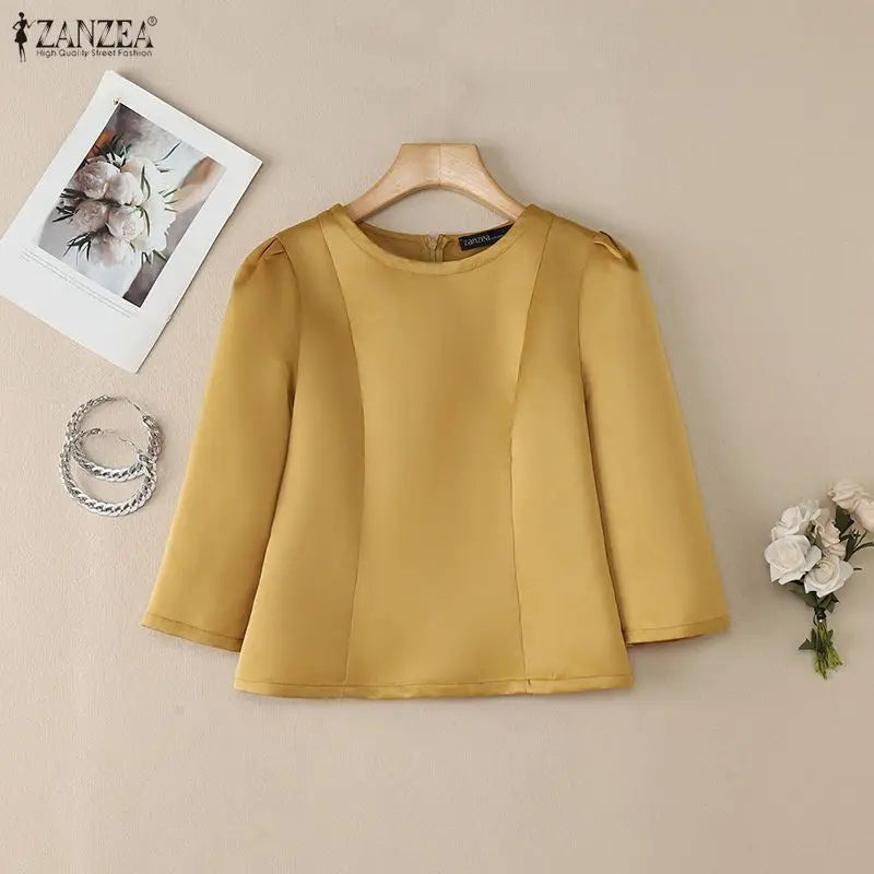ZANZEA Women's Elegant Satin Blouses Retro O-Neck 3/4 Sleeve Back Zipper Slit-Fit Short Tops 2026 Spring Summer Woman Clothes