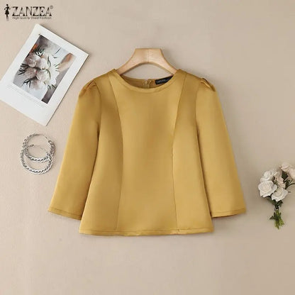 ZANZEA Women's Elegant Satin Blouses Retro O-Neck 3/4 Sleeve Back Zipper Slit-Fit Short Tops 2026 Spring Summer Woman Clothes