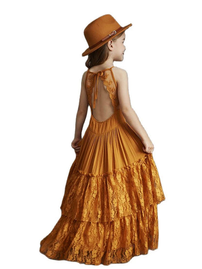 Big Girls Flower Wedding Party Backless Chiffon Dress Princess Kids Bohemia Lace Long Dresses Vestidos Clothing For 3-15 Years