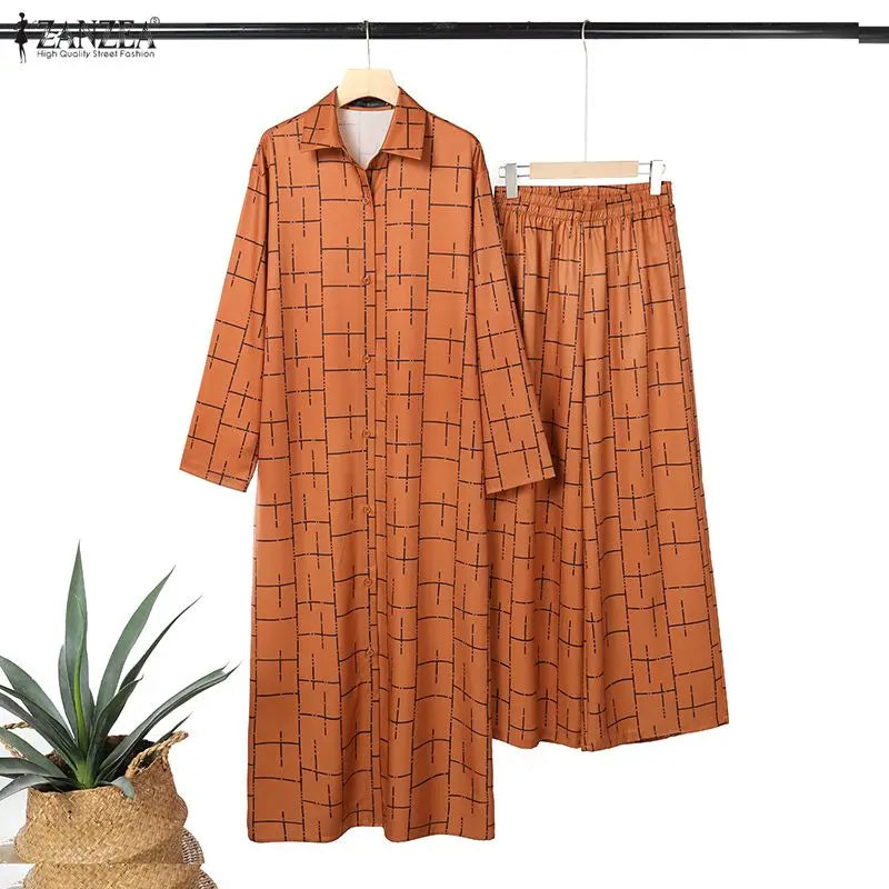 ZANZEA Muslim Sets Fashion Long Sleeve Long Tops Wide Leg Pants Autumn Pants Sets Blusas 2PCS Oversize Two-piece Outfits