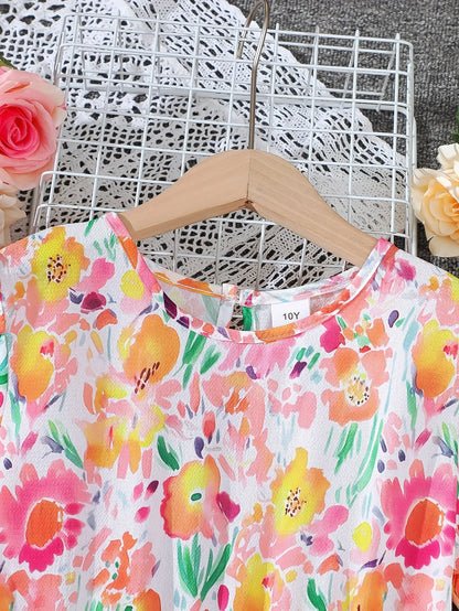 Summer Casual Floral Pattern Lantern Sleeve Dress for Girls with Belt Fashionable Comfortable All-Match for Leisure Outings