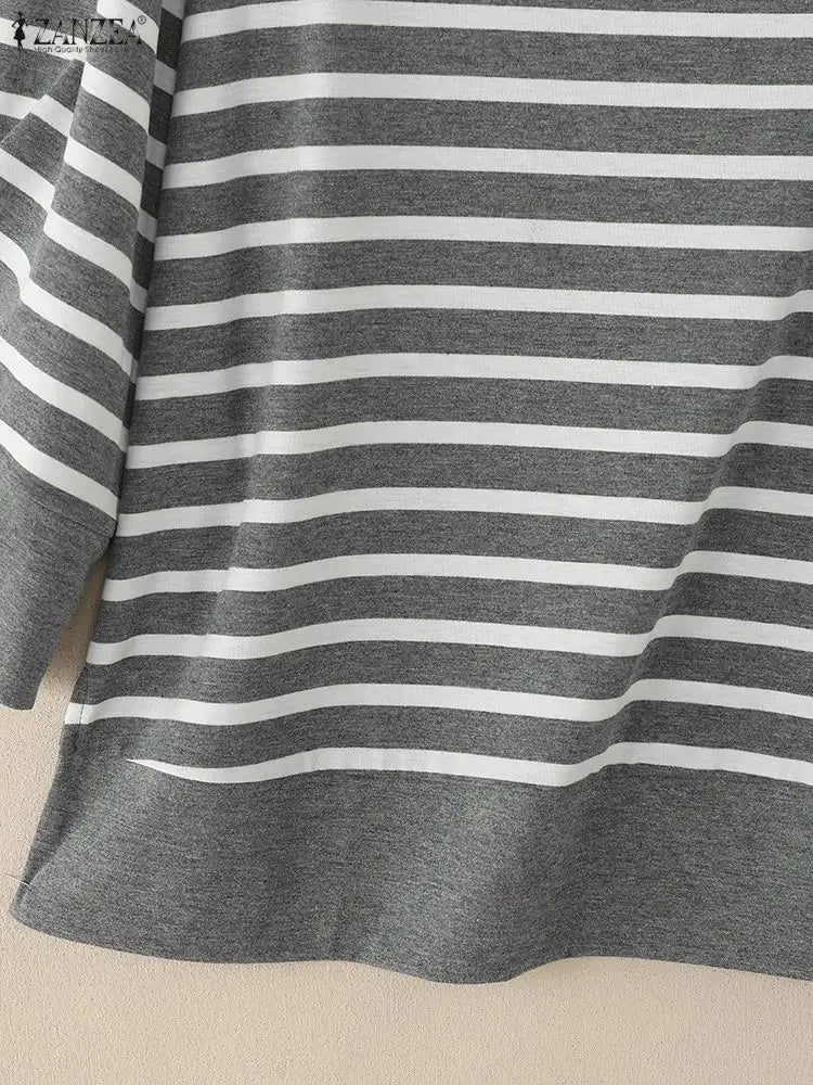 ZANZEA Fall 2025 Women's Striped T-Shirts Loose Boatneck 3/4 Sleeve Side Slit Tees Woman Everyday Casual Wear Streetwear S-3XL
