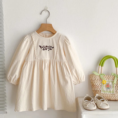 Children Girl Vintage Dress Spring Autumn Embroidered Flowers 2-7Y Kids Girls Princess Dress Long Sleeve Cotton Baby Girls Dress