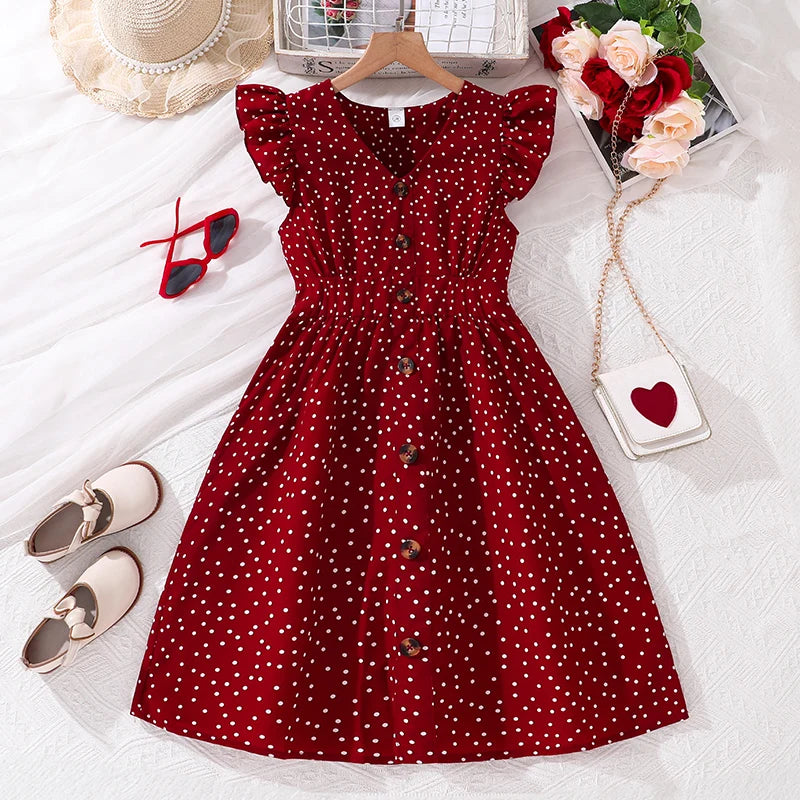 Kids Summer Girl 4-12 Years Old Red Sleeveless Flying Sleeve Polka Dot V-neck Waist Dress Simple Temperament Fashion Daily Style