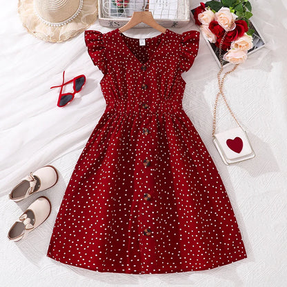 Kids Summer Girl 4-12 Years Old Red Sleeveless Flying Sleeve Polka Dot V-neck Waist Dress Simple Temperament Fashion Daily Style