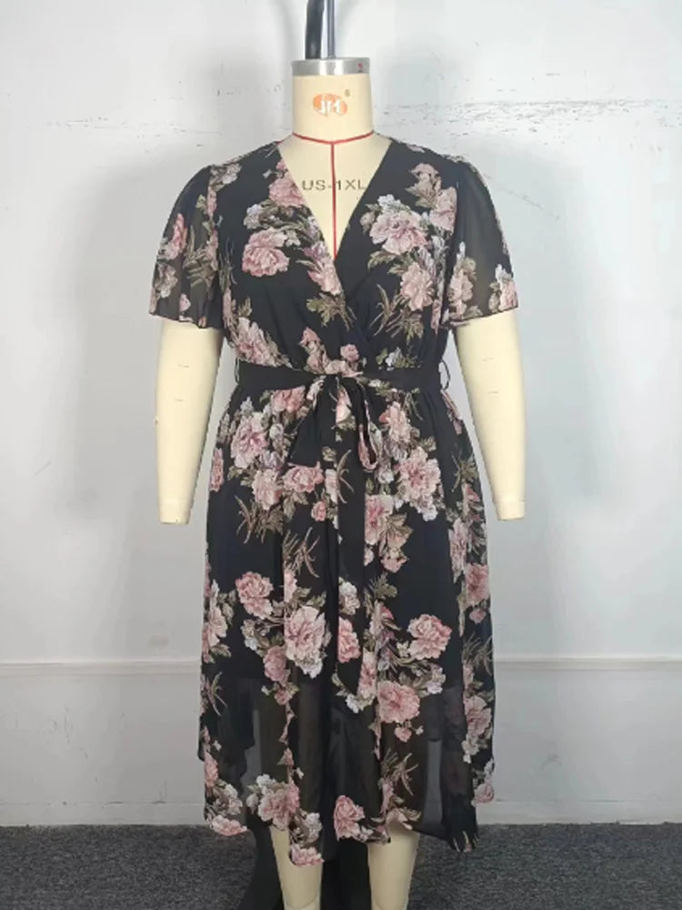 GIBSIE Plus Size Surplice Neck Butterfly Sleeve Belted Dress Women Holiday Floral Print A-line Boho Summer Long Dresses 2024 New