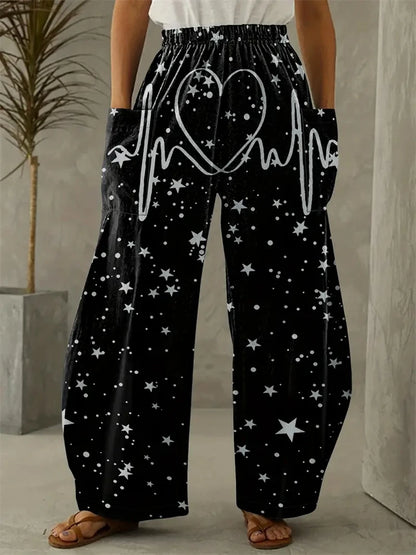 Women's Fashion New Wide-legged Pants Elegant 3d Sun, Moon And Star Printed Pants Women's Street Vintage Pants With Pockets