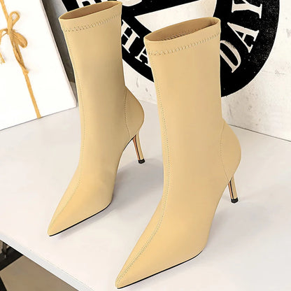 BIGTREE Shoes Stiletto Sexy Elastic Boots Women Shoes Sexy Stretch Fabric Ankle Boots Pointed Tip High Heels Boots Plus Size 43
