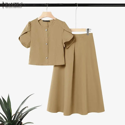 ZANZEA Women Elegant 2pcs Matching Skirt Sets O-Neck Petal Sleeves Tops & A-Line Midi Skirts 2 Piece Sets ZANZEA Dates Outfits