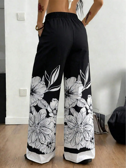 Large-Sized Printed Pants, Casual Tie Waist Wide-Leg Pants, Spring and Summer, Large-Sized Women's Clothing