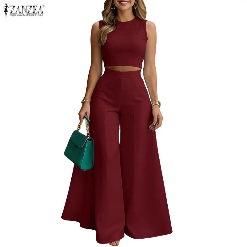 ZANZEA Elegant Women's Loose Pant Suits Wide Leg Pant & Sleeveless Crop Top 2 Pieces Sets Summer Fashion Solid Color Outfits