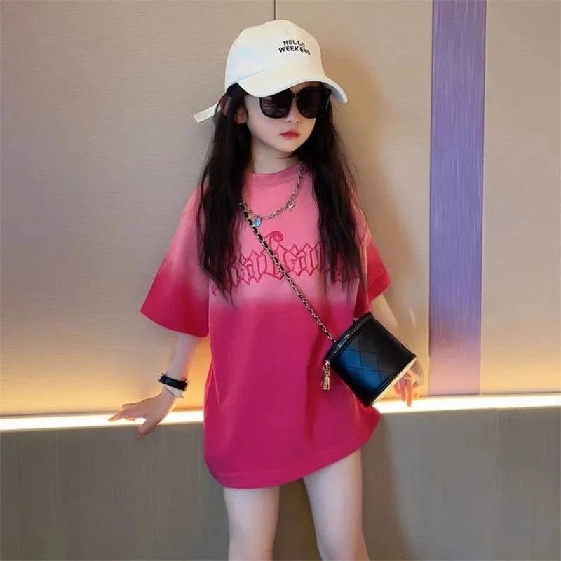 Girls Ice Silk Cooling T-Shirt 2026 Summer Kids Short Sleeve Top Crew Neck Gradient Casual Trendy Tee for Children