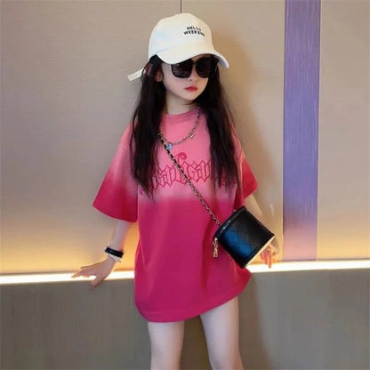 Girls Ice Silk Cooling T-Shirt 2026 Summer Kids Short Sleeve Top Crew Neck Gradient Casual Trendy Tee for Children