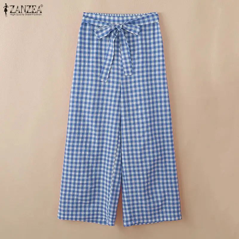 ZANZEA Women Summer Gingham 2 Piece Pant Sets Casual O-Neck Tank Top & Belted Pant Suits Everyday Wear Commute 2pcs Sets Outfits