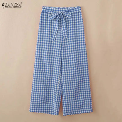 ZANZEA Women Summer Gingham 2 Piece Pant Sets Casual O-Neck Tank Top & Belted Pant Suits Everyday Wear Commute 2pcs Sets Outfits