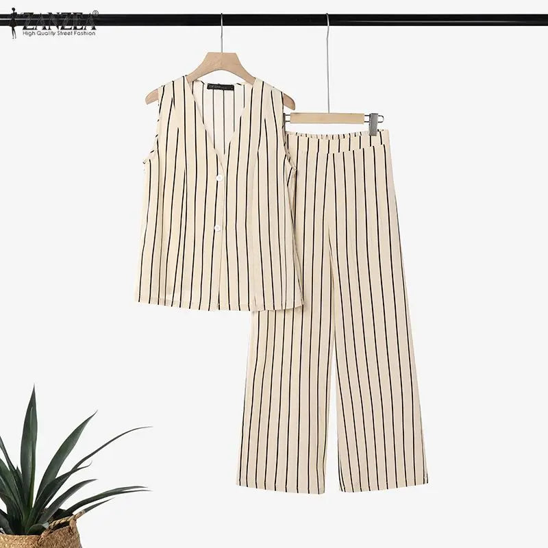 ZANZEA Summer Women Striped Matching Sets Sleeveless Vest Top & Wide Leg Pant 2 Piece Suits Office Commute Pant Sets Outfits