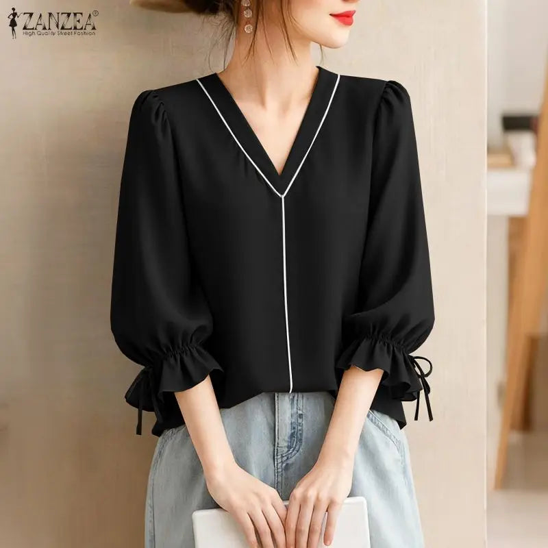ZANZEA Elegant Contrast-Piping Women's Blouses 2026 Spring 3/4 Lantern Sleeve Tied Cuffs Solid Color Tops Woman Clothes New In