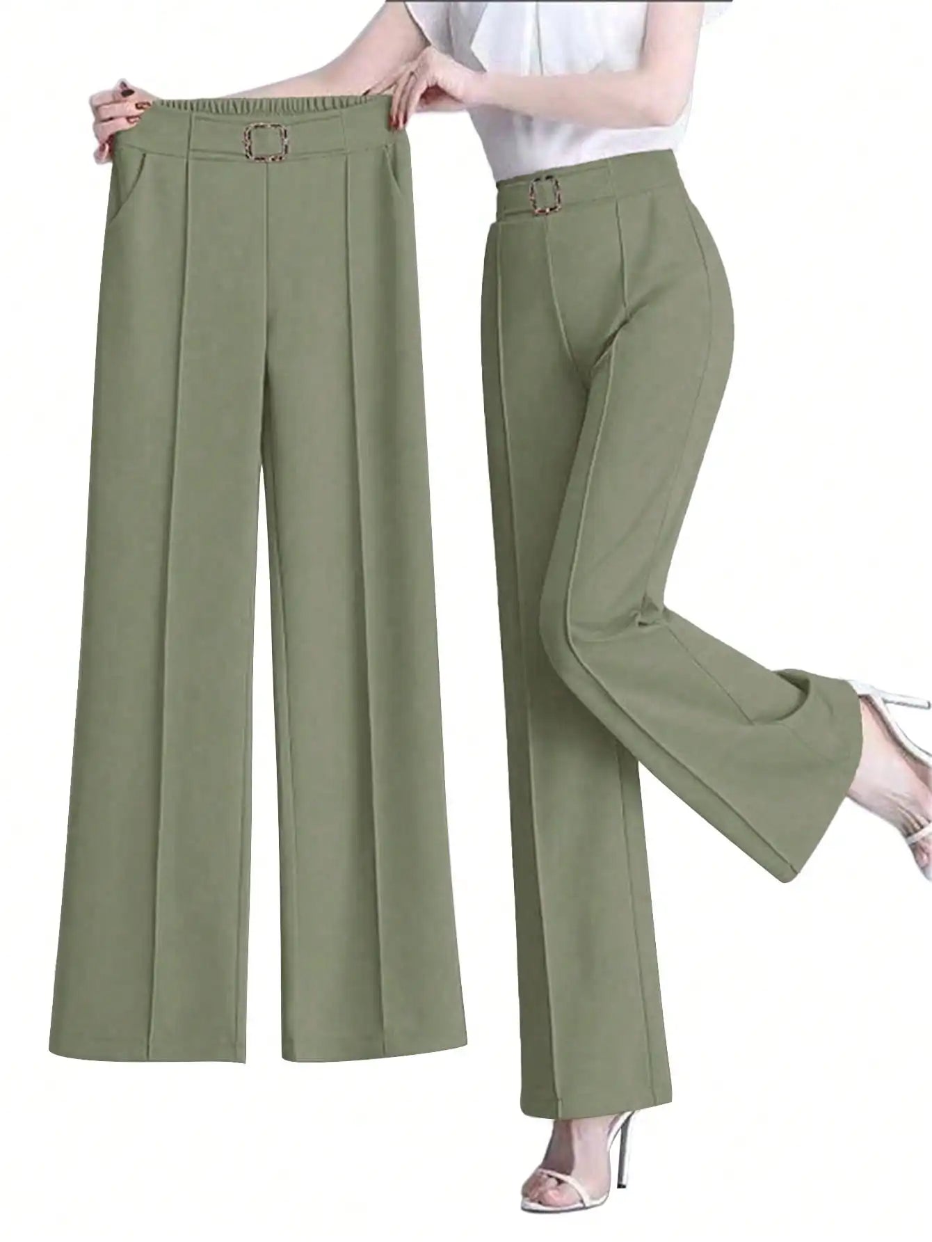 Women's Elegant Solid Color Toothpick Striped Design Straight Leg Loose Casual Commuter Pants Palazzo Trousers