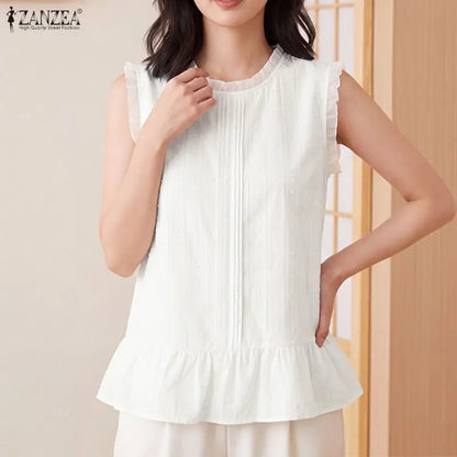 ZANZEA Women Blouses Ruffles Tops Sleeveless Tee Summer Blusas O Neck Tunic Oversize Casual Blouse Solid Color Streetwear