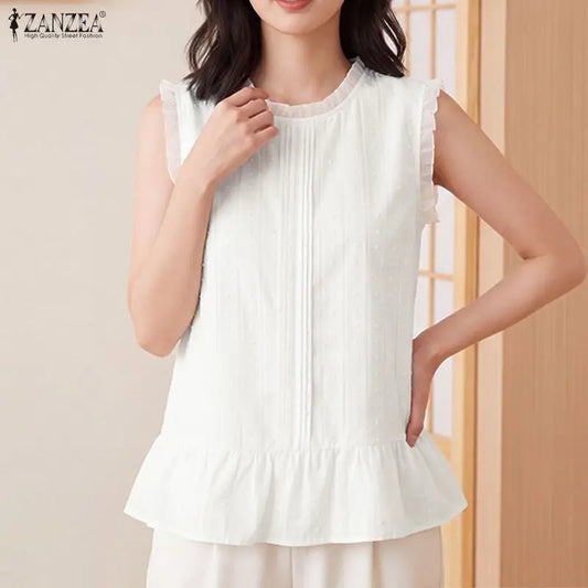 ZANZEA Women Blouses Ruffles Tops Sleeveless Tee Summer Blusas O Neck Tunic Oversize Casual Blouse Solid Color Streetwear