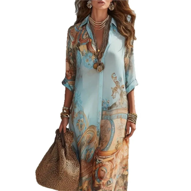 Boho Floral Print Shirt Dresses Women Turn-down Collar Single-breasted Loose Long Dress Summer Casual Beach Vacation Flowy Dress