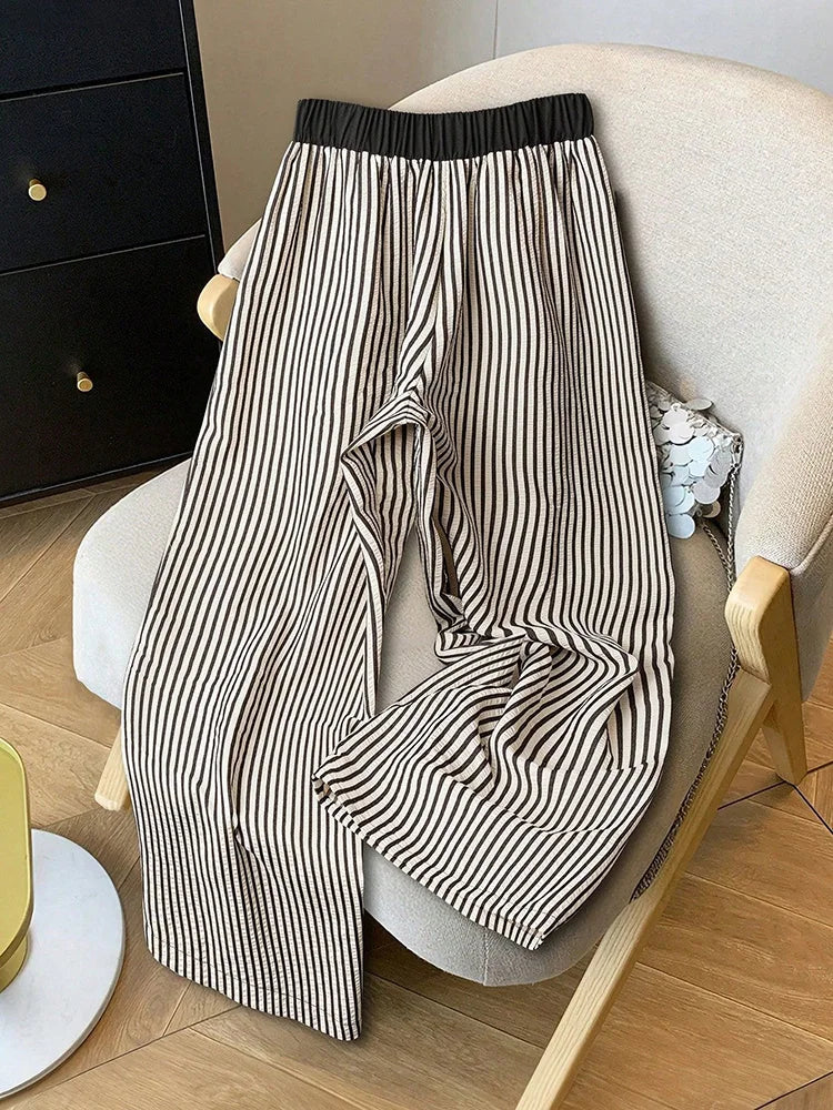 GIBSIE Plus Size Striped Drawstring Wide Leg Pants Women Summer 2026 New Fashion High Waisted All-Match Casual Female Trousers