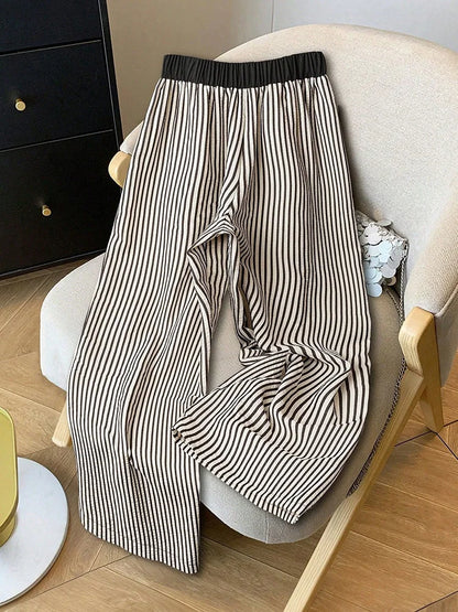 GIBSIE Plus Size Striped Drawstring Wide Leg Pants Women Summer 2026 New Fashion High Waisted All-Match Casual Female Trousers