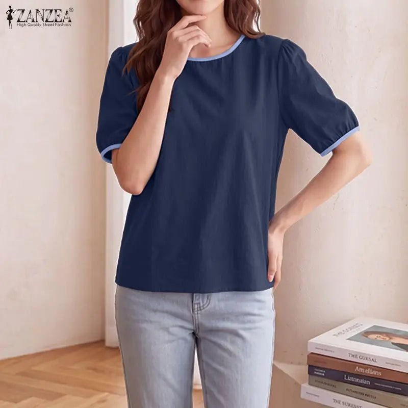 ZANZEA Women Summer Blouse Short Puff Sleeve Patchwork Casual O Neck Fashion Blusas OL Work Tops Oversize Tunic Streetwear