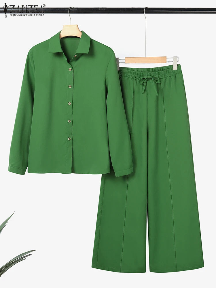 Fashion Autumn 2 Pieces Sets Women Outfits 2025 ZANZEA Casual Long Sleeve Shirt Trousers Suit Elegant Solid OL Work Tracksuits