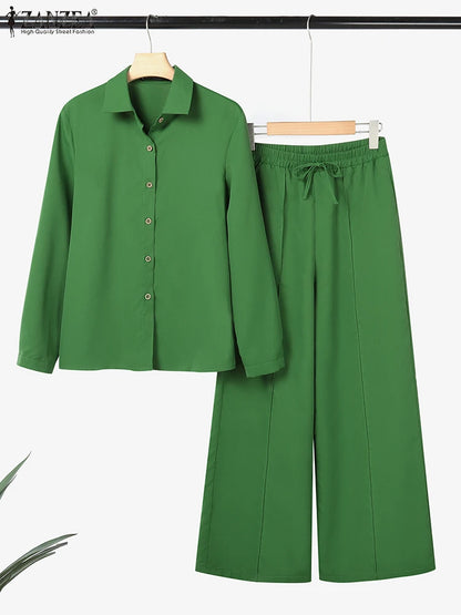 Fashion Autumn 2 Pieces Sets Women Outfits 2025 ZANZEA Casual Long Sleeve Shirt Trousers Suit Elegant Solid OL Work Tracksuits