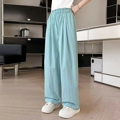 Kids' Korean Streetwear Ice Silk Wide Leg Straight Trousers Lightweight Athleisure Pants for Girls Trendy Casual Sporty Design
