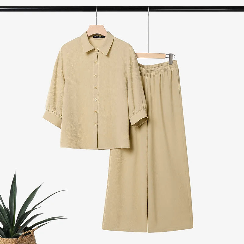 ZANZEA Plus Size 5XL Women Crinkled Fabric Pant Sets 3/4 Sleeve Shirt & Wide Leg Pant 2-Piece Sets Autumn Daily Casual Co-ords