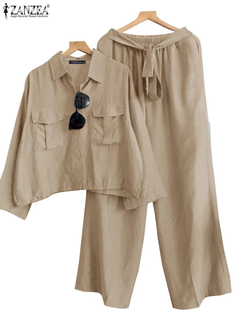 2024 Autumn Tracksuits ZANZEA Fashion Women Long Sleeve Shirt Pant Sets Solid Work Trousers Suit 2PCS Outfits Loose Matching Set