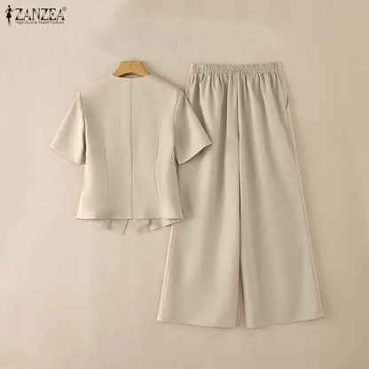 2026 ZANZEA Women Summer V Neck Short Sleeve Blouse Pant Sets Solid OL Work Outfits 2 Pieces Sets Fashion Wide Leg Trousers Suit