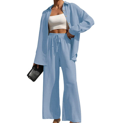 Women's Solid Button Front Shirt & Tie Front Wide Leg Pants Two-piece Set, Casual Drop Shoulder Long Sleeve Blouse Top & Trouser