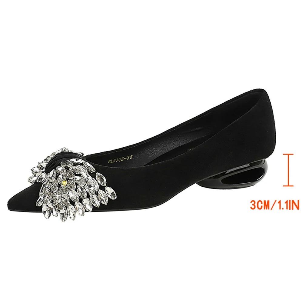BIGTREE Shoes Rhinestone Bow Low Heeled Women's Shoes Hollow Heel Design Women Pumps Professional Suede Office Shoes Fashion