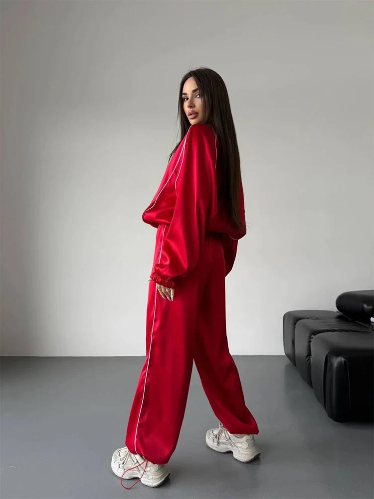 Satin Tracksuit Zip-up Set Long Sleeve Women's Jacket Wide Leg Pants Summer Lady Fashion Casual Daily Street Sportswear 2026 New