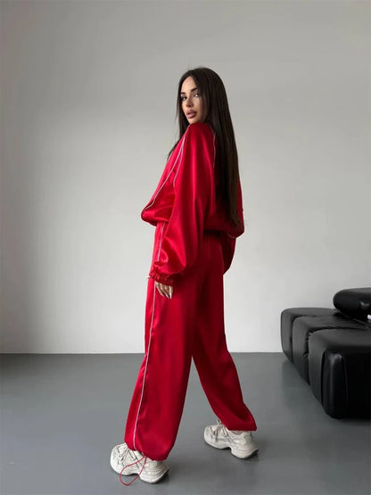 Satin Tracksuit Zip-up Set Long Sleeve Women's Jacket Wide Leg Pants Summer Lady Fashion Casual Daily Street Sportswear 2026 New